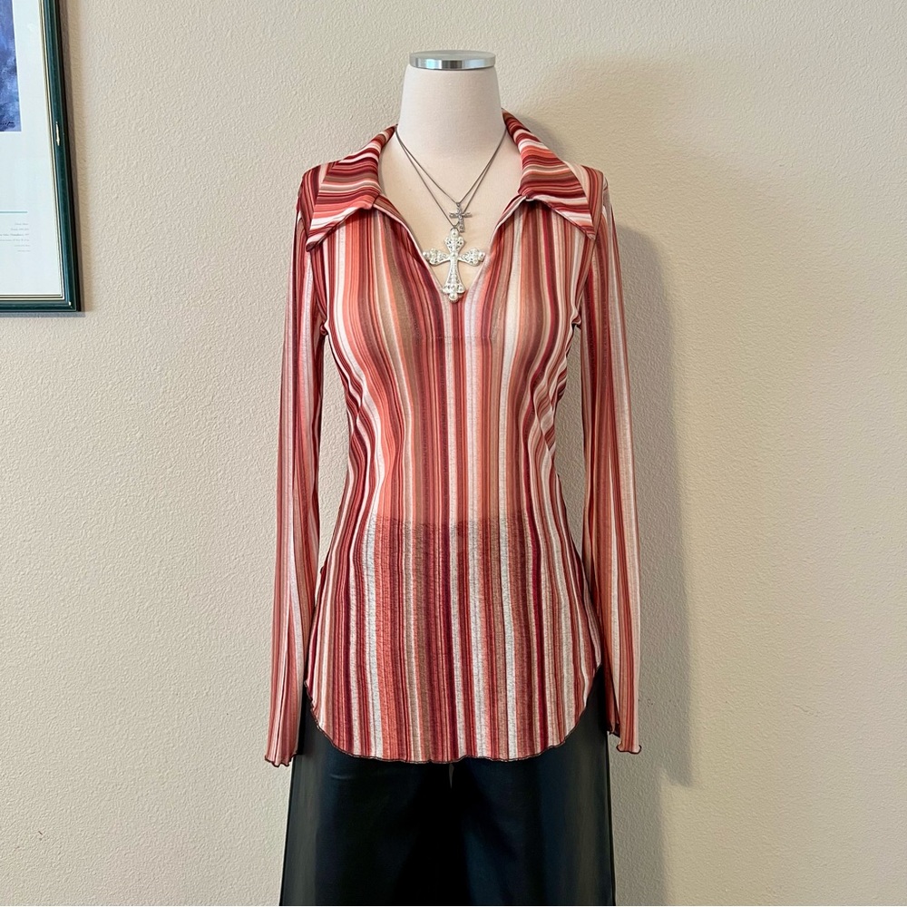 Vintage Sheer Striped Long Sleeve Collared Top